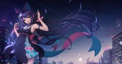 Rule 34 | 1girl, :d, ankkoyom, arm up, bare shoulders, beamed sixteenth notes, black dress, black hair, black ribbon, breasts, brown eyes, building, commentary, dress, eighth note, hair ribbon, hand up, headphones, highres, long hair, medium breasts, musical note, neon trim, night, night sky, open mouth, original, outdoors, quarter note, ribbon, sky, sleeveless, sleeveless dress, smile, solo, star (sky), starry sky, very long hair