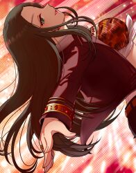 Rule 34 | 1girl, belt, black hair, black shorts, breasts, brown belt, cropped shirt, earrings, from side, green eyes, helen (idolmaster), ich., idolmaster, idolmaster cinderella girls, idolmaster cinderella girls starlight stage, jacket, jewelry, large breasts, long hair, open clothes, open shirt, red background, red jacket, ring, shirt, shorts, smile, solo, tied shirt