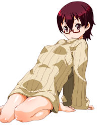 Rule 34 | 1girl, arm support, barefoot, body blush, bottomless, brown eyes, brown hair, glasses, k-on!, leaning back, looking at viewer, manabe nodoka, naked sweater, red-framed eyewear, ribbed sweater, shinama, short hair, simple background, sitting, solo, sweater, turtleneck, wariza, white background