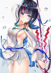 Rule 34 | 1girl, arm behind head, arm up, bare shoulders, black hair, blue eyes, blue ribbon, blush, breasts, collarbone, dress, fate/grand order, fate/requiem, fate (series), fundoshi, gradient background, highres, japanese clothes, jewelry, large breasts, long sleeves, looking at viewer, magatama, magatama hair ornament, medium hair, mitsu336, multicolored hair, necklace, open mouth, pelvic curtain, pink hair, polearm, puffy long sleeves, puffy sleeves, ribbon, seigaiha, short dress, sideboob, sideless outfit, spear, streaked hair, thighs, utsumi erice, water drop, weapon, white dress