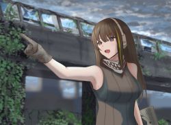 Rule 34 | 1girl, absurdres, assault rifle, black gloves, breasts, brown eyes, brown hair, brown scarf, brown sweater, girls&#039; frontline, gloves, gun, headphones, highres, holding, holding weapon, huge filesize, long hair, looking away, m4 carbine, m4a1 (girls&#039; frontline), multicolored hair, open mouth, pointing, pointing forward, ribbed sweater, rifle, scarf, simple background, solo, sweater, taishi karibe, weapon