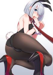Rule 34 | 10s, 1girl, ;o, alternate costume, animal ears, ass, bad id, bad pixiv id, bare shoulders, black leotard, black pantyhose, blue eyes, blush, breasts, collar, dog lead, eyes visible through hair, fake animal ears, from behind, hair over one eye, hamakaze (kancolle), high heels, kantai collection, kneeling, kyuuso inukami, leash, leotard, looking back, medium breasts, one eye closed, open mouth, pantyhose, playboy bunny, rabbit ears, rabbit tail, red footwear, restrained, shoe soles, shoes, short hair, silver hair, simple background, slave, solo, squatting, tail, tiptoes, white background, wrist cuffs