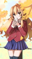 Rule 34 | 1girl, aisaka taiga, black ribbon, black thighhighs, blazer, blue skirt, brown eyes, brown hair, buttoned cuffs, buttons, collared shirt, commentary request, cowboy shot, cup, disposable cup, double-breasted, hair between eyes, highres, holding, holding cup, jacket, long hair, long sleeves, looking at viewer, neck ribbon, oohashi high school uniform, outdoors, parted lips, partial commentary, pham thai chau, red jacket, ribbon, school uniform, shirt, skirt, solo, standing, thighhighs, toradora!, white shirt