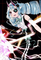 Rule 34 | 1girl, animal ear fluff, animal ears, black flower, black rose, blue hair, blunt bangs, blush, bracelet, delmin (show by rock!!), dress, drill hair, eyepatch, fang, fire, flower, green ribbon, hair between eyes, hair ornament, highres, horns, jewelry, light blue hair, lightning, lightning bolt symbol, long hair, lutz compass, multicolored background, multicolored eyes, no nose, open mouth, pink horns, purple dress, purple ribbon, purple sailor collar, red eyes, ribbon, rose, sailor collar, show by rock!!, simple background, sleeveless, sleeveless dress, smile, solo, tsurime, twin drills, very long hair, yellow eyes