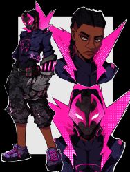 Rule 34 | 1boy, absurdres, belt pouch, black hair, braid, cargo shorts, clawed gauntlets, commentary, dark-skinned male, dark skin, english commentary, full body, gauntlets, highres, jacket, kekel, looking at viewer, marvel, miles morales, multiple views, mystical high collar, outside border, pouch, prowler (marvel), shoes, shorts, sneakers, spider-man: across the spider-verse, spider-man (series), spider-verse