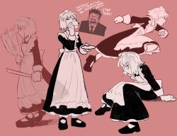 Rule 34 | 1boy, 1other, androgynous, apron, black hair, black suit, blonde hair, broom, formal, frilled apron, frills, full body, highres, holding, holding broom, hunter x hunter, kurapika, leorio paladiknight, long sleeves, maid, maid apron, maid headdress, necktie, profile, red background, round eyewear, running, short hair, simple background, spiked hair, suit, tiredhomeboi, upper body, white apron
