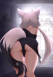 Rule 34 | 1girl, absurdres, ahoge, animal ears, ass, back, bent over, black dress, black hairband, black panties, black sleeves, detached sleeves, dress, ear piercing, fox ears, fox girl, fox tail, from behind, hairband, highres, hololive, in container, in refrigerator, low twintails, multicolored tail, official alternate costume, oyster pail, panties, pentagram, piercing, refrigerator, refrigerator interior, shirakami fubuki, shirakami fubuki (loungewear), solo, tail, telomere, twintails, underwear, virtual youtuber, white hair