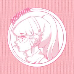 1girl aespa animification character_name commentary devilzong english_commentary expressionless from_side headset highres k-pop karina_(aespa) long_hair looking_ahead monochrome pink_theme ponytail portrait real_life safety_glasses solo turtleneck