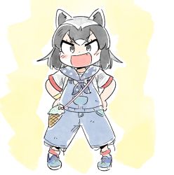 Rule 34 | 1girl, :d, alternate costume, animal ears, black eyes, blush, commentary, common raccoon (kemono friends), fang, full body, grey hair, hand on own hip, kemono friends, legs apart, looking at viewer, multicolored hair, open mouth, overall shorts, overalls, panzuban, raccoon ears, short hair, short sleeves, simple background, smile, solo, standing, v-shaped eyebrows, yellow background