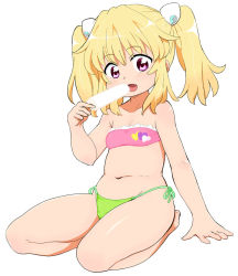 Rule 34 | 10s, 1girl, aquarion logos, arm support, bikini, blonde hair, blush, child, collarbone, daioh, fang, flat chest, food, full body, heart, heart print, ice cream, looking at viewer, navel, open mouth, purple eyes, shiny skin, side-tie bikini bottom, simple background, solo, swimsuit, twintails, uminagi karan, white background