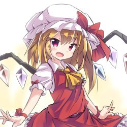 Rule 34 | 1girl, :d, ascot, blush, bow, collared shirt, crystal, dress shirt, fang, flandre scarlet, hat, hat bow, index finger raised, looking at viewer, mob cap, open mouth, outstretched arms, red eyes, ryogo, shirt, short hair, side ponytail, skirt, skirt set, smile, solo, touhou, vest, wings