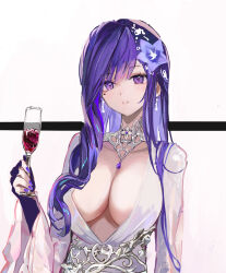 Rule 34 | 1girl, breasts, cleavage, collar, cup, dana (hapong07), drinking glass, earrings, flower, genshin impact, hair flower, hair ornament, hair over shoulder, highres, holding, jewelry, large breasts, long hair, long sleeves, looking at viewer, mole, mole under eye, nail polish, no bra, parted lips, purple eyes, purple hair, purple nails, raiden shogun, shirt, sidelocks, solo, upper body, white shirt, wide sleeves, wine glass