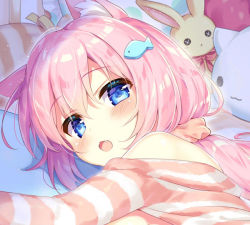 Rule 34 | 1girl, animal ear fluff, animal ears, bare shoulders, blue eyes, blush, fang, fish hair ornament, hair between eyes, hair ornament, looking at viewer, lying, multicolored clothes, multicolored pajamas, natsuki marina, off shoulder, on bed, on side, open mouth, orange pajamas, orange scrunchie, original, pajamas, pillow, pink hair, ponytail, portrait, scrunchie, solo, striped clothes, striped pajamas, stuffed animal, stuffed cat, stuffed rabbit, stuffed toy, white pajamas