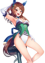 Rule 34 | 1girl, alternate costume, animal ears, arm behind head, arm up, armpits, bare shoulders, blush, breasts, brown hair, detached collar, ear covers, elbow gloves, feet out of frame, gloves, green vest, groin, hand on own thigh, highres, horse ears, horse girl, horse tail, king halo (umamusume), leotard, long hair, looking at viewer, nontraditional playboy bunny, one side up, open mouth, orange eyes, playboy bunny, simple background, small breasts, smile, solo, stool, tail, tks (526tks), umamusume, vest, white background, white gloves, white leotard
