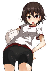 Rule 34 | 1girl, ball, bike shorts, black shorts, brown eyes, brown hair, cowboy shot, fang, frown, girls und panzer, gym shirt, gym uniform, hand on own hip, holding, holding ball, isobe noriko, looking at viewer, open mouth, shino (ten-m), shirt, short hair, short shorts, short sleeves, shorts, simple background, solo, standing, t-shirt, volleyball, volleyball (object), white background, white shirt