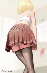 Rule 34 | 1girl, a fxxf, absurdres, back, bare shoulders, blonde hair, bra, brown pantyhose, clothes hanger, clothes pull, collared shirt, dated, from behind, from below, highres, hololive, hololive english, necktie, unworn necktie, off shoulder, panties, pantyhose, pantyhose pull, red necktie, shirt, short hair, signature, solo, underwear, virtual youtuber, watson amelia, white bra, white panties