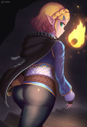 Rule 34 | 1girl, ass, black cape, black gloves, blonde hair, blue eyes, braid, butt crack, cape, cave, elf, fire, gloves, hair ornament, hairclip, highres, hood, huge ass, looking at viewer, nervous, nintendo, pants, pointy ears, princess zelda, short hair, solo, steps, stick, tfqr, the legend of zelda, the legend of zelda: breath of the wild, the legend of zelda: tears of the kingdom, thighs, torch, walking