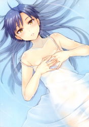 Rule 34 | 1girl, absurdres, bare shoulders, blue hair, blush, brown eyes, collarbone, courreges ace, dress, flat chest, from above, hair spread out, highres, idolmaster, idolmaster (classic), kisaragi chihaya, long hair, looking at viewer, lying, on back, open mouth, parted lips, partially submerged, scan, see-through, solo, strap slip, wading, water, wet, white dress