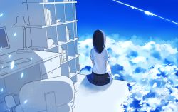 Rule 34 | 1girl, black hair, book, chair, cloud, contrail, day, desk, floor, from behind, highres, lamp, levi9452, light particles, long hair, monitor, monochrome, original, pleated skirt, scenery, school uniform, shelf, short sleeves, sitting, skirt, sky, solo, surreal