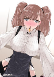 Rule 34 | 1girl, atlanta (kancolle), blush, breasts, brown hair, buttons, collared shirt, earrings, food, garter straps, grey eyes, grey skirt, high-waist skirt, jewelry, kantai collection, large breasts, long hair, long sleeves, mikage takashi, mouth hold, no headwear, no headwear, pleated skirt, pocky, pocky day, shirt, single earring, skirt, solo, star (symbol), star earrings, suspender skirt, suspenders, twitter username, two side up, white shirt