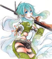 Rule 34 | 10s, 1girl, anti-materiel rifle, blue eyes, blue hair, bolt action, fina (sa47rin5), fingerless gloves, gloves, gun, mouth hold, pgm hecate ii, rifle, scarf, short hair, short shorts, shorts, sinon, sniper rifle, sword art online, traditional media, weapon