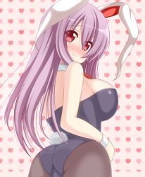 Rule 34 | 1girl, animal ears, ass, bare shoulders, blush, breasts, rabbit ears, rabbit tail, chimunge, detached collar, female focus, heart, heart background, large breasts, long hair, looking back, pantyhose, playboy bunny, purple hair, rabbit girl, red eyes, reisen udongein inaba, solo, tail, touhou, wrist cuffs