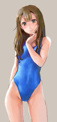 Rule 34 | 1girl, blue one-piece swimsuit, breasts, brown eyes, brown hair, commentary request, competition swimsuit, cowboy shot, grey background, highleg, highleg swimsuit, katahira masashi, long hair, one-piece swimsuit, original, simple background, small breasts, solo, standing, swimsuit, wavy hair, wet