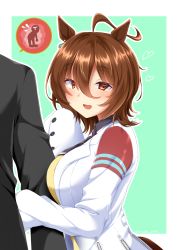 Rule 34 | 1boy, 1girl, :d, absurdres, agnes tachyon (umamusume), ahoge, animal ears, arm grab, arm hug, black jacket, black necktie, blush, border, breasts, brown hair, coat, commentary request, green background, hair between eyes, heart, highres, horse ears, horse girl, jacket, lab coat, large breasts, looking at viewer, necktie, nonexistent memories (jujutsu kaisen), open mouth, red eyes, ryochapu, short hair, short necktie, sleeves past wrists, smile, sweater, trainer (umamusume), umamusume, upper body, white border, white coat, yellow sweater