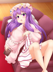 Rule 34 | 1girl, barefoot, blue ribbon, blush, book, bow, commentary request, couch, crescent, crescent pin, from above, hat, highres, holding, holding book, indoors, knees up, long hair, looking at viewer, lying, open book, open mouth, patchouli knowledge, pillow, purple eyes, purple hair, red bow, red carpet, red neckwear, red ribbon, renboruto, ribbon, rug, solo, thighs, touhou