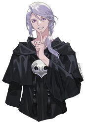 Rule 34 | 1boy, bishounen, black capelet, black robe, braid, byuub, capelet, commentary request, cropped torso, dated, final fantasy, final fantasy xiv, finger to own chin, grin, hand up, hythlodaeus, index finger raised, korean commentary, looking at viewer, male focus, mask, mask around neck, unworn mask, medium hair, purple eyes, purple hair, robe, side braid, signature, simple background, single braid, smile, solo, swept bangs, tassel, upper body, white background, wide sleeves
