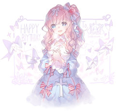 Rule 34 | 1girl, :d, blue dress, blue eyes, blush, bow, brown hair, candle, commentary request, cross, detached sleeves, dress, english text, engrish text, hair bow, happy birthday, head tilt, heart, latin cross, linfi-muu, long hair, long sleeves, looking at viewer, open mouth, original, puffy long sleeves, puffy sleeves, ranguage, side ponytail, sidelocks, smile, solo, star (symbol), striped, striped bow, teeth, upper teeth only