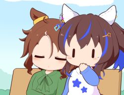 Rule 34 | 2girls, :o, animal ears, blue hair, blush stickers, bow, brown hair, chibi, closed eyes, collared shirt, daitaku helios (umamusume), day, gomashio (goma feet), green bow, green shirt, hair between eyes, hair ornament, hairclip, hand to own mouth, hand up, horse ears, leaning on person, leaning to the side, mejiro palmer (umamusume), multicolored hair, multiple girls, on bench, outdoors, parted bangs, parted lips, print shirt, raglan sleeves, shirt, sleeping, sleeping on person, sleeping upright, star (symbol), star hair ornament, star print, streaked hair, umamusume, white hair, white shirt, | |