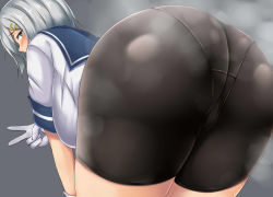Rule 34 | 1girl, ass, bad id, bad pixiv id, bloomers, blue eyes, blush, breasts, curvy, embarrassed, gloves, grey background, hair ornament, hairclip, hamakaze (kancolle), hanging breasts, highres, kantai collection, large breasts, leaning forward, looking at viewer, looking back, panties, panties under bloomers, plump, school uniform, serafuku, short hair, short sleeves, silver hair, simple background, solo, steam, steaming body, terakoya, underwear, v, white gloves