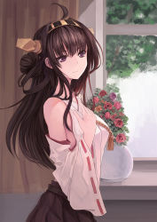 Rule 34 | 10s, 1girl, ahoge, bad id, bad pixiv id, brown hair, catsmoon, detached sleeves, flower, hairband, highres, japanese clothes, kantai collection, kongou (kancolle), long hair, nontraditional miko, solo