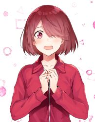 Rule 34 | 1girl, blush, clenched hands, collarbone, e (eokiba), hair over one eye, hands on own chest, highres, hoshino miyako (wataten), jacket, open mouth, own hands together, red eyes, red hair, red jacket, short hair, solo, track jacket, upper body, watashi ni tenshi ga maiorita!