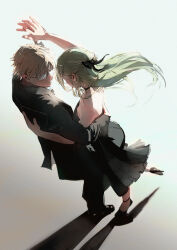 Rule 34 | 1boy, 1girl, bare shoulders, black bow, black choker, black dress, black footwear, black pants, black suit, blonde hair, bow, choker, closed mouth, dancing, dress, earrings, formal, glasses, green hair, hair bow, hand on another&#039;s back, high heels, highres, holding hands, humica, jewelry, land (sousou no frieren), long hair, looking at another, pants, shadow, short hair, sleeveless, sleeveless dress, sousou no frieren, suit, ubel (sousou no frieren)