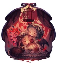 Rule 34 | 2girls, bad id, bad pixiv id, bat wings, birdcage, blonde hair, blood, blood on clothes, blood on face, blood on hands, blood splatter, blue hair, bow, cage, chibi, commentary request, crystal, curtains, dress, drill hair, feathers, flandre scarlet, framed, full body, hand on own cheek, hand on own face, hand up, hat, highres, long hair, mob cap, multiple girls, namakuby, puffy short sleeves, puffy sleeves, red bow, red dress, red eyes, red neckwear, red theme, remilia scarlet, short sleeves, siblings, side drill, sisters, smile, touhou, white dress, white headwear, wings, wrist cuffs