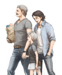 Rule 34 | 1girl, 2boys, 3459ym, bag, black hair, casual, child, cigarette, denim, facial hair, family, glasses, grey hair, hal emmerich, hands in pockets, holding hands, jeans, manly, metal gear (series), metal gear solid, metal gear solid 4: guns of the patriots, multiple boys, mustache, old snake, open clothes, open shirt, pants, parted bangs, semi-rimless eyewear, shirt, shopping bag, short hair, skirt, sleeves rolled up, smoking, solid snake, sunny emmerich, t-shirt, watch, wristwatch