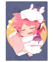 Rule 34 | 1girl, animal ears, barefoot, bird ears, bird wings, blush stickers, closed eyes, dress, full body, hat, ini (inunabe00), long sleeves, mystia lorelei, open mouth, pink dress, pink hair, short hair, solo, touhou, white hat, white wings, winged hat, wings