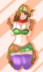 Rule 34 | 1girl, ;d, absurdres, animal ears, bandana, bandeau, bare shoulders, belt, blue eyes, boots, breasts, brown belt, brown footwear, brown gloves, brown hair, cleavage, commentary, diagonal stripes, gloves, green skirt, groin, hair ornament, hands up, head tilt, heart, highres, horse ears, large breasts, long hair, looking at viewer, microskirt, midriff, navel, one eye closed, open mouth, panties, panty peek, purple thighhighs, seiza, sitting, skirt, skirt set, smile, solo, spaghetti strap, star (symbol), star hair ornament, star print, stomach, striped, striped background, tabaruzaka46, taiki shuttle (umamusume), thighhighs, umamusume, underwear, white panties