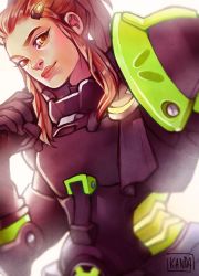 Rule 34 | 1girl, alternate costume, armor, artist name, bad id, bad twitter id, brigitte (overwatch), freckles, gloves, hair ornament, hairclip, highres, long hair, orange hair, outlaws brigitte, overwatch, overwatch 1, overwatch league, ponytail, white background, yellow eyes