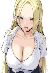 Rule 34 | 1girl, arms behind back, black choker, blonde hair, breasts, choker, cleavage, collarbone, commentary request, ear piercing, highres, large breasts, long hair, long tongue, looking at viewer, original, piercing, rena (sky-freedom), shirt, short sleeves, sky-freedom, solo, tongue, tongue out, upper body, white background, white shirt