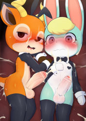 Rule 34 | 2boys, absurdres, animal crossing, animal ears, animal nose, arm at side, bar censor, beau (animal crossing), black bow, black bowtie, black eyes, black legwear, blonde hair, blue eyes, blue fur, blush, body fur, bow, bowtie, censored, closed mouth, crossdressing, cum, cum in mouth, cum on penis, deer boy, deer ears, deer tail, detached collar, embarrassed, erection, facial, fake animal ears, foreskin, furry, furry male, half-closed eyes, hand on own chest, heart pasties, highres, horns, long sleeves, lying, male focus, meme attire, multiple boys, nintendo, on back, on side, open mouth, orange fur, pasties, penis, phimosis, rabbit ears, reverse bunnysuit, reverse outfit, saliva, sasha (animal crossing), sweat, tail, tearing up, testicles, thighhighs, thighs, trap, wavy mouth, wide-eyed, wrist cuffs, yaoi, yousan (pixiv540898)