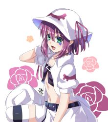 Rule 34 | 1girl, facial mark, fang, flat chest, green eyes, hair between eyes, hat, highres, looking at viewer, maroonabyss, merry nightmare, midriff, pointy ears, puffy short sleeves, puffy sleeves, purple hair, short hair, short sleeves, smile, solo, square pupils, striped clothes, striped thighhighs, thighhighs, wristband, yumekui merry