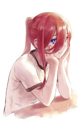 Rule 34 | 1girl, alternate hairstyle, blue eyes, blush, brown hair, closed mouth, commentary request, go-toubun no hanayome, gym uniform, hair between eyes, hands on own cheeks, hands on own face, highres, ishiyuki, long hair, looking at viewer, nakano miku, ponytail, revision, shirt, short sleeves, simple background, solo, white background, white shirt
