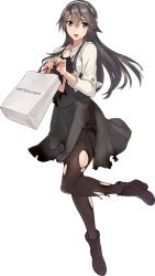 Rule 34 | 10s, 1girl, ankle boots, bag, black dress, black pantyhose, black skirt, boots, brown eyes, dress, full body, haruna (kancolle), high heel boots, high heels, jacket, jewelry, kantai collection, konishi (koconatu), long hair, necklace, official art, open mouth, pantyhose, product placement, ribbon, shopping bag, skirt, solo, torn clothes, torn pantyhose, transparent background