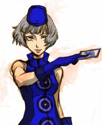 Rule 34 | 1girl, atlus, bare shoulders, between fingers, blue dress, blue gloves, blue hat, blunt bangs, breasts, card, closed mouth, dress, elizabeth (persona), female focus, gloves, gradient background, grey hair, hat, holding, holding card, kotobuki toro, looking at viewer, medium breasts, persona, persona 3, pink lips, short hair, sleeveless, sleeveless dress, solo, upper body, yellow eyes