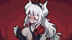 Rule 34 | absurdres, black necktie, blush, breasts, commentary, demon girl, demon horns, embarrassed, english commentary, helltaker, highres, horns, long hair, lucifer (helltaker), mole, mole under eye, necktie, nipple slip, nipples, red eyes, simple background, sollyz, solo, tearing up