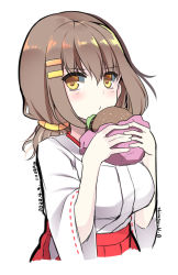 Rule 34 | 1girl, blush, brown eyes, brown hair, burger, closed mouth, commentary, dated, food, hair between eyes, hair ornament, hairclip, hakama, hakama skirt, hands up, highres, hip vent, holding, holding food, japanese clothes, kimono, long hair, long sleeves, looking at viewer, miko, original, red hakama, ribbon-trimmed sleeves, ribbon trim, shirasu youichi, signature, simple background, skirt, solo, white background, white kimono, wide sleeves