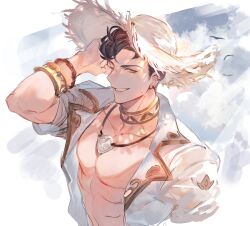 Rule 34 | 1boy, abs, absurdres, black hair, bracelet, earrings, gido, granblue fantasy, green eyes, hat, highres, jewelry, large pectorals, lobelia (danger beckons by the shore) (granblue fantasy), lobelia (granblue fantasy), male focus, muscular, muscular male, necklace, official alternate costume, one eye closed, open clothes, open shirt, pectorals, shirt, short hair, smile, solo, teeth, upper body, white hat, white shirt